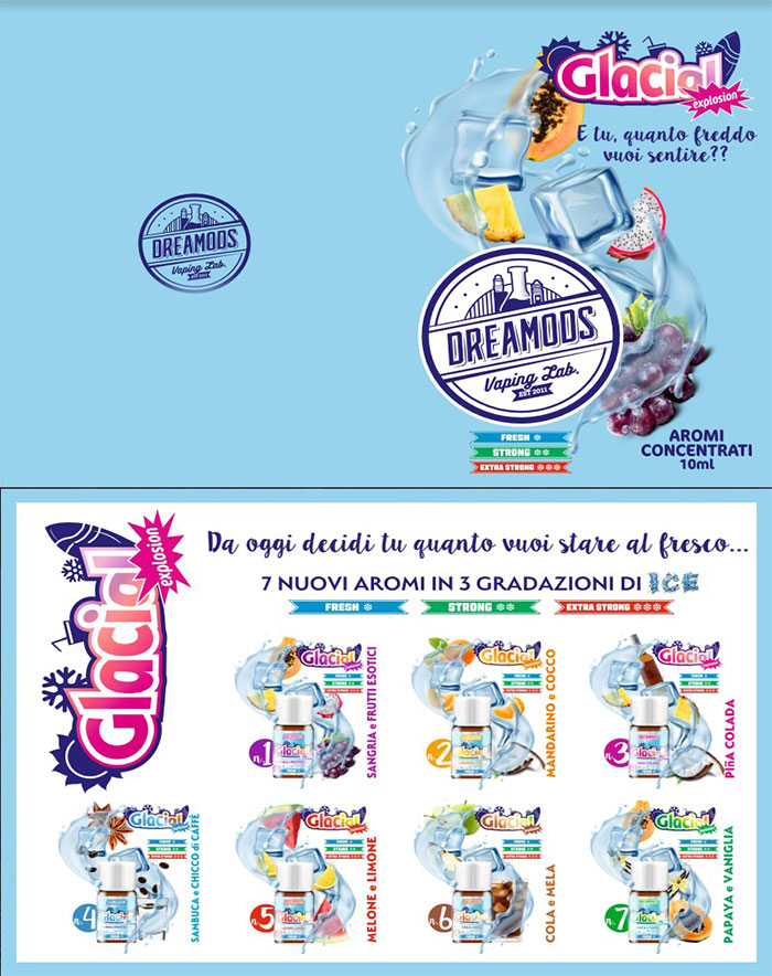 Aromi Dreamods MOKUP - Dreamods Glacial aromas - with the glacial line you decide how cold you want - 7 new aromas in three grades of ICE.