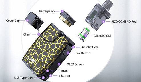 Pico Compaq by Eleaf Componenti - battery cap - cover cap - chaim - gtl coil 0.4 - usb type C port - button +/- - OLED SCREEN - fire button - air inlet hole - pico compaq pod