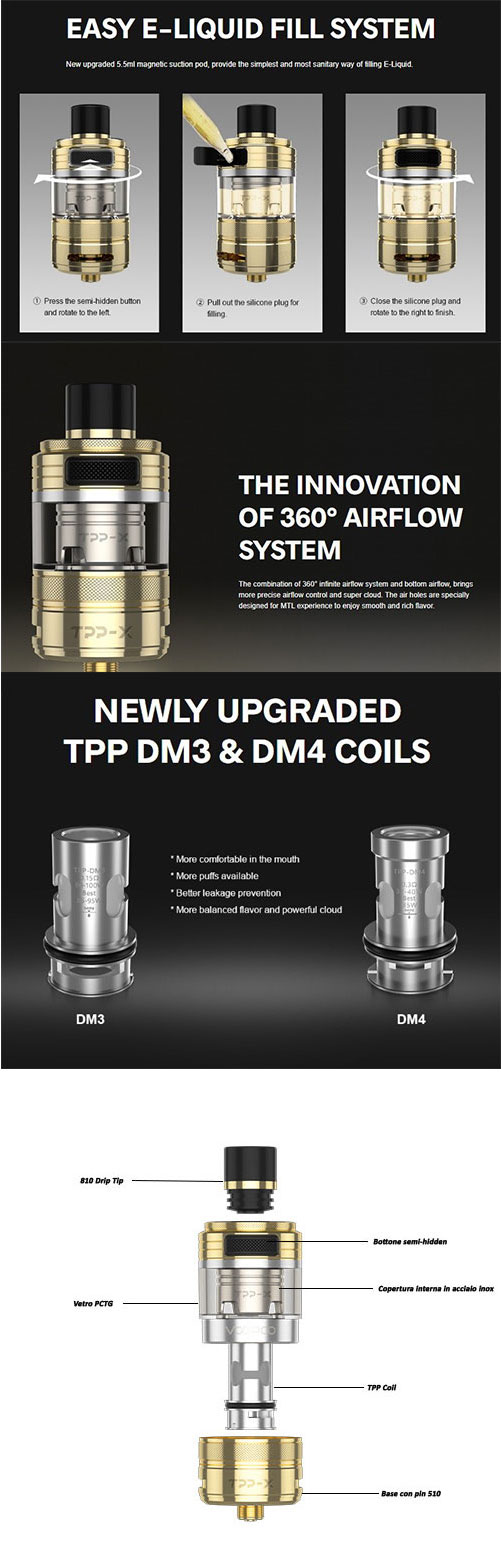 TPP-X sistemi di regolazione aria, ricarica. Compatibilita' totale con coil voopoo.