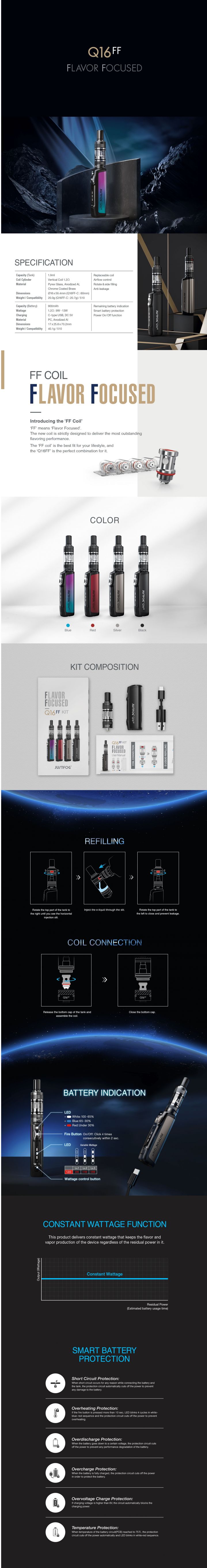 descrizione justfog q16 FF starter kit 900mah 1.2ohm 1.9ml 9-12W